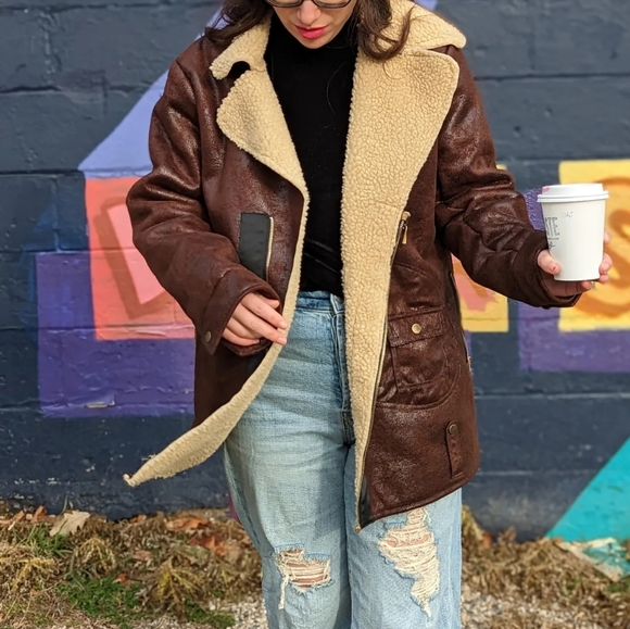 Jackets & Blazers - Faux Leather Jacket with Sherpa Liner